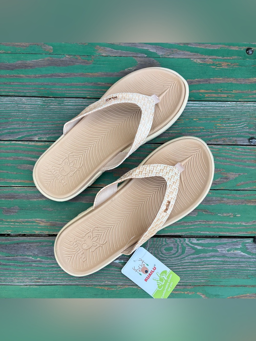 KuaiLu Flip Flops Womens Arch Support Yoga Mat Walking Sz 8 Beach Summer Tan